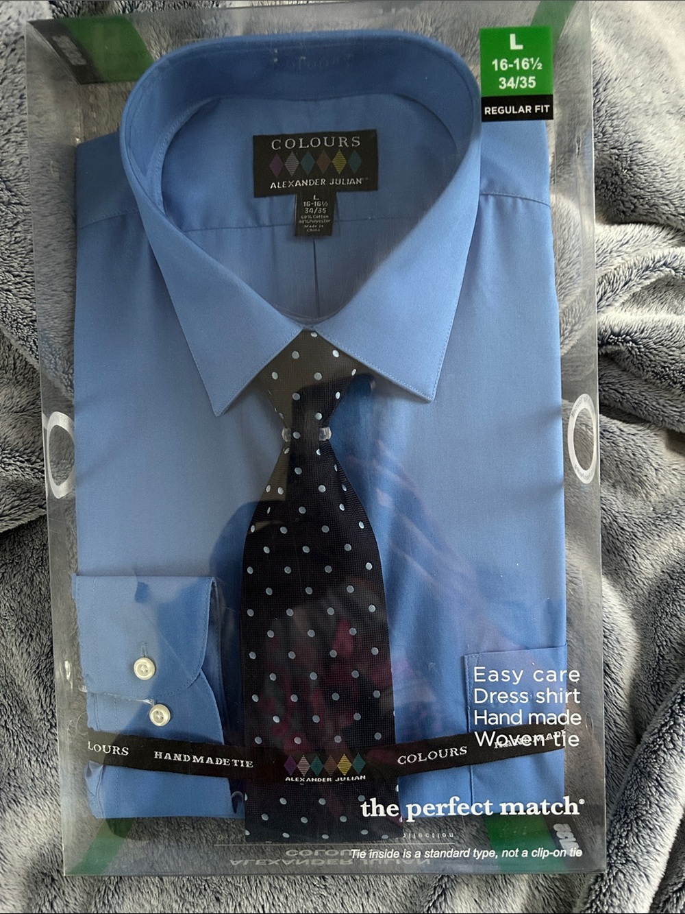 NWT Alexander Julian Sky Blue Dress Shirt with Navy Polka Dot Tie SZ L